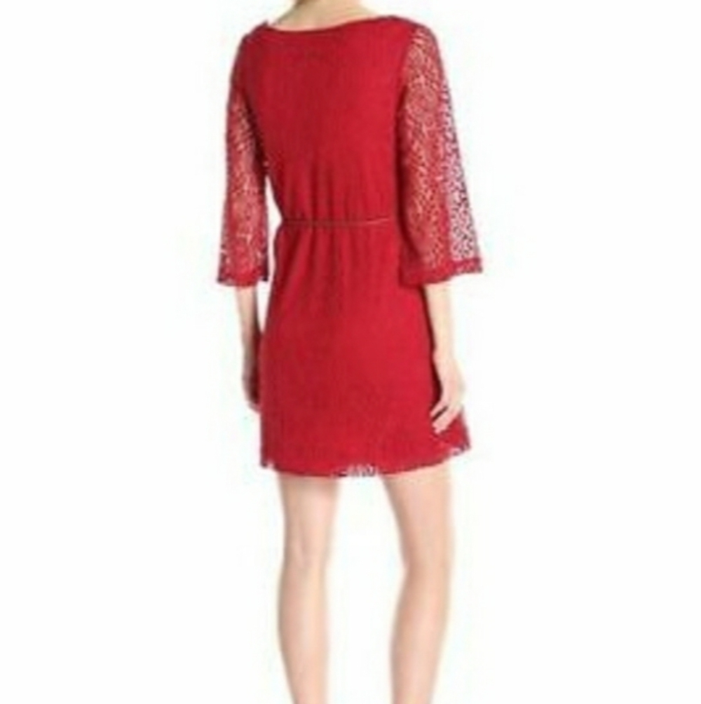 𝅺SHARAGANO Bell Sleeve Red Overlay Lace Dress - Picture 2 of 8